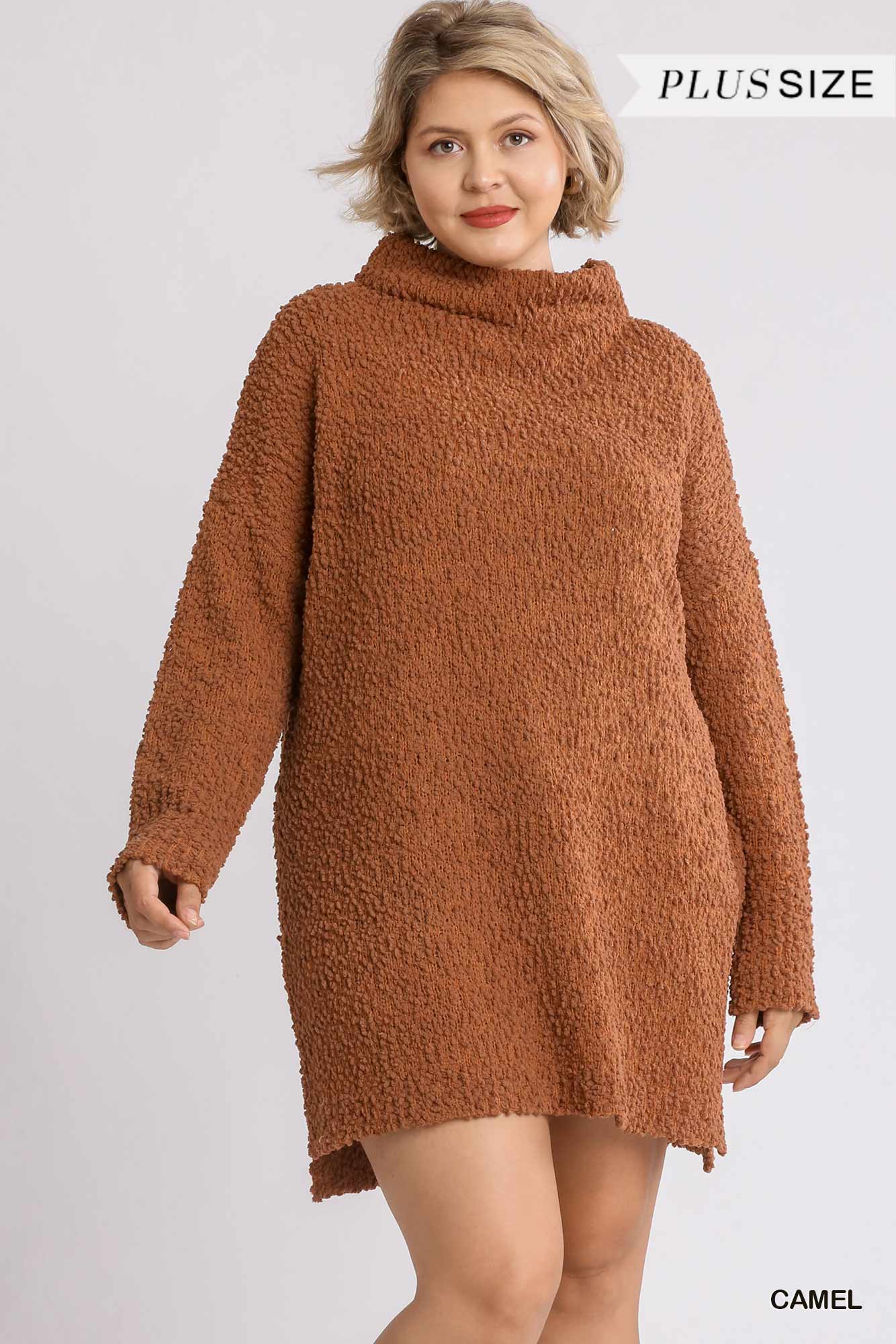 High Cowl Neck Bouclé Long Sleeve Sweater Dress