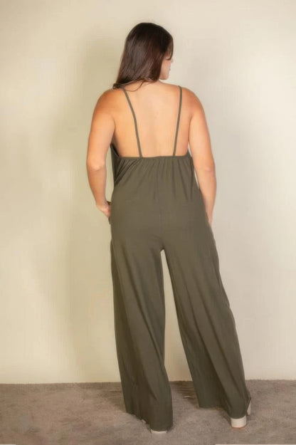 Plus spaghetti strap solid wide jumpsuit