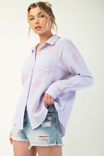 Embo detailed cotton gauze button down shirt