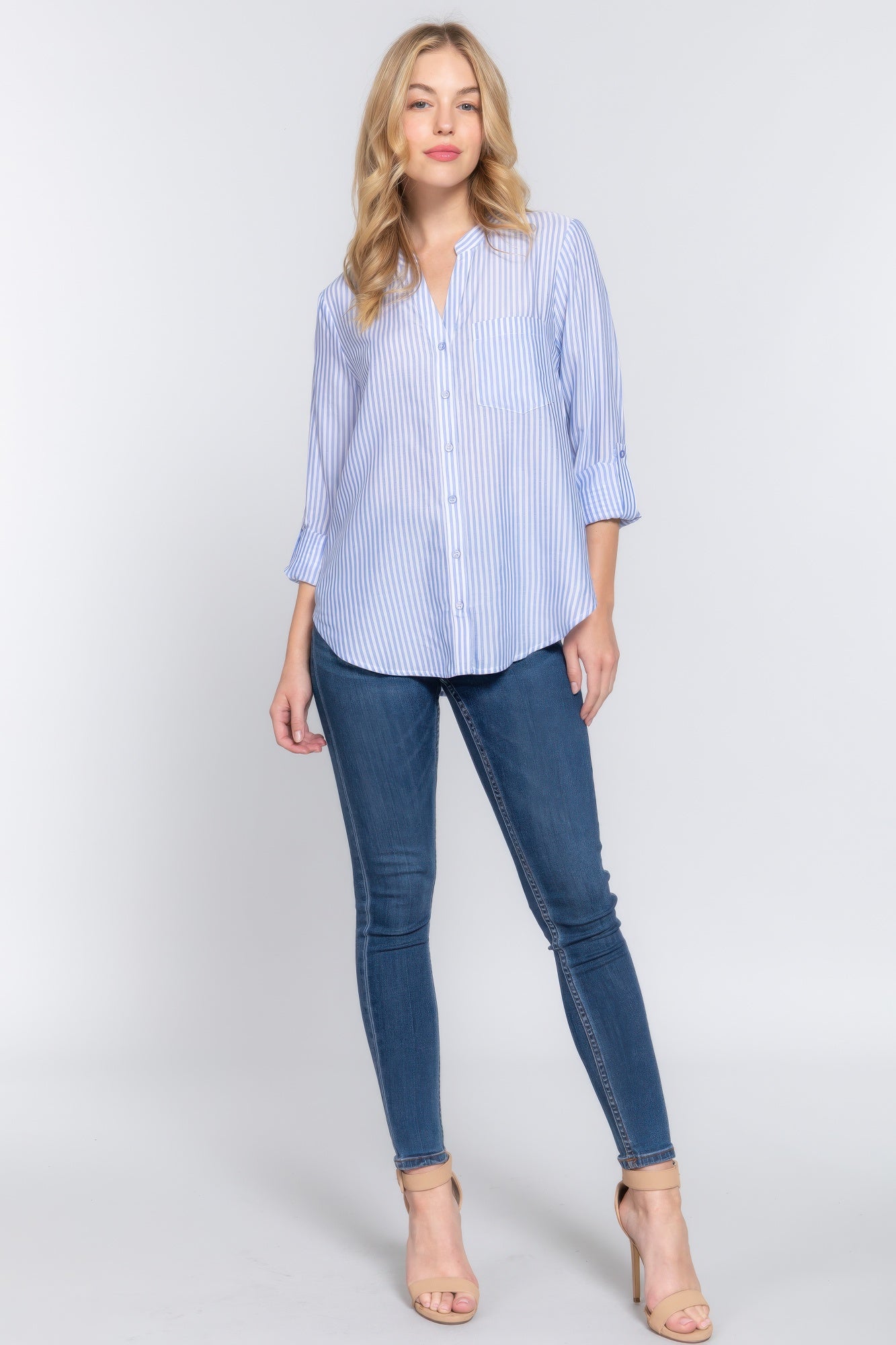 Long Slv Split Round Neck Stripe Woven Shirt