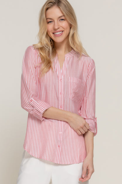 Long Slv Split Round Neck Stripe Woven Shirt