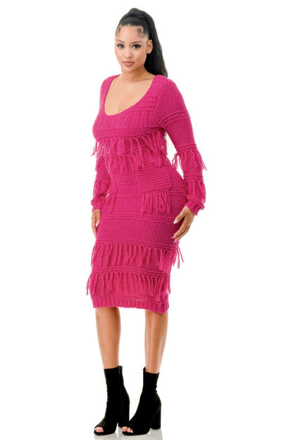 Knit Long Sleeve Fringe Dress