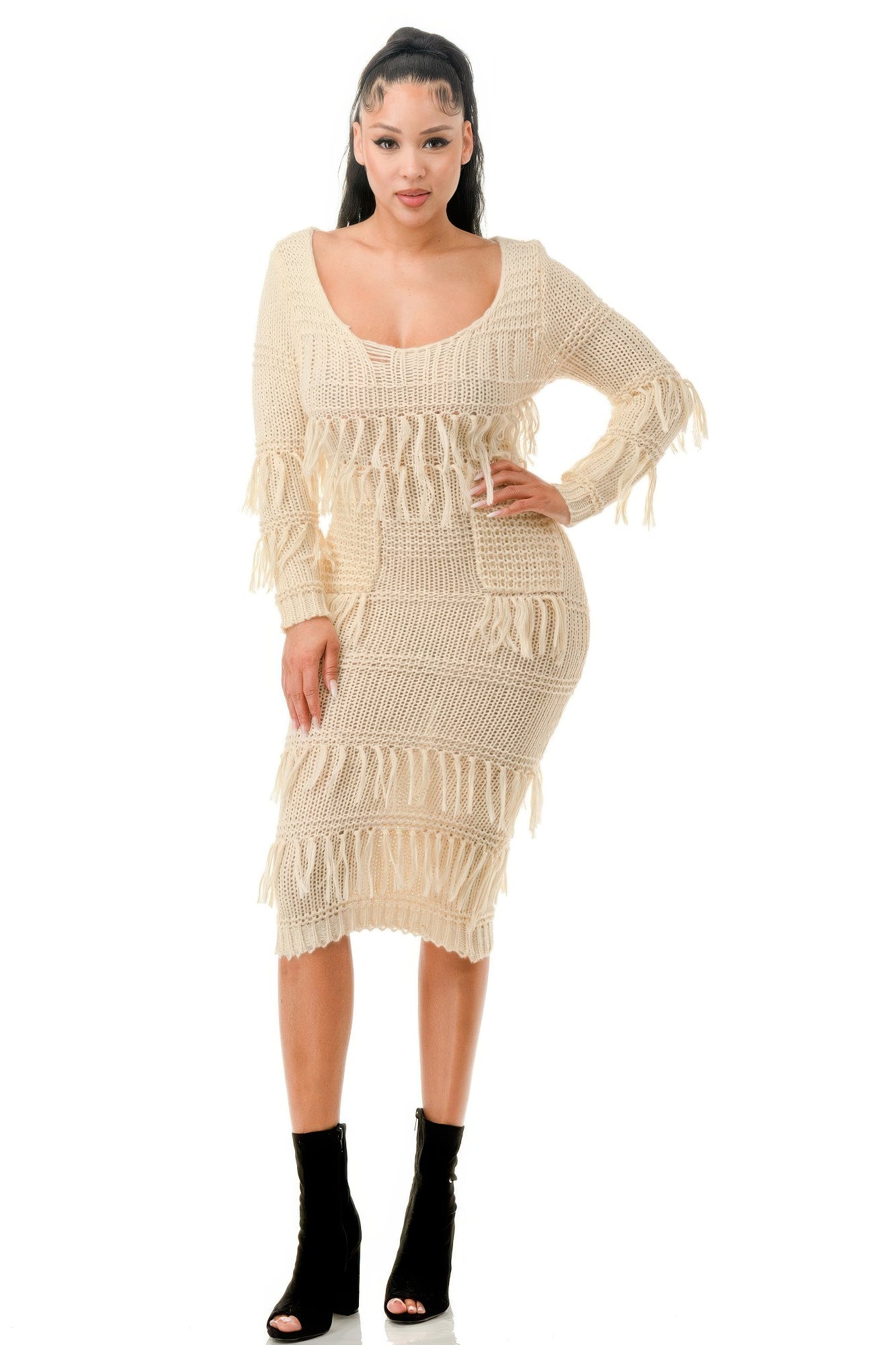 Knit Long Sleeve Fringe Dress