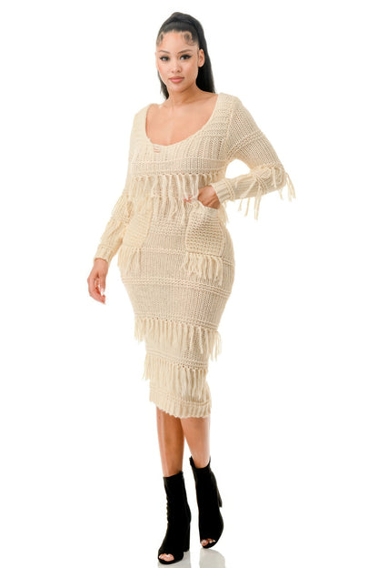 Knit Long Sleeve Fringe Dress